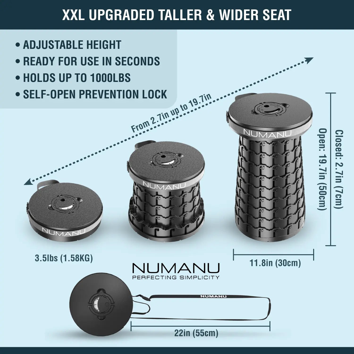 19.7" XXL Collapsible Stool w/ Seat Pad & Waterproof Carry Bag