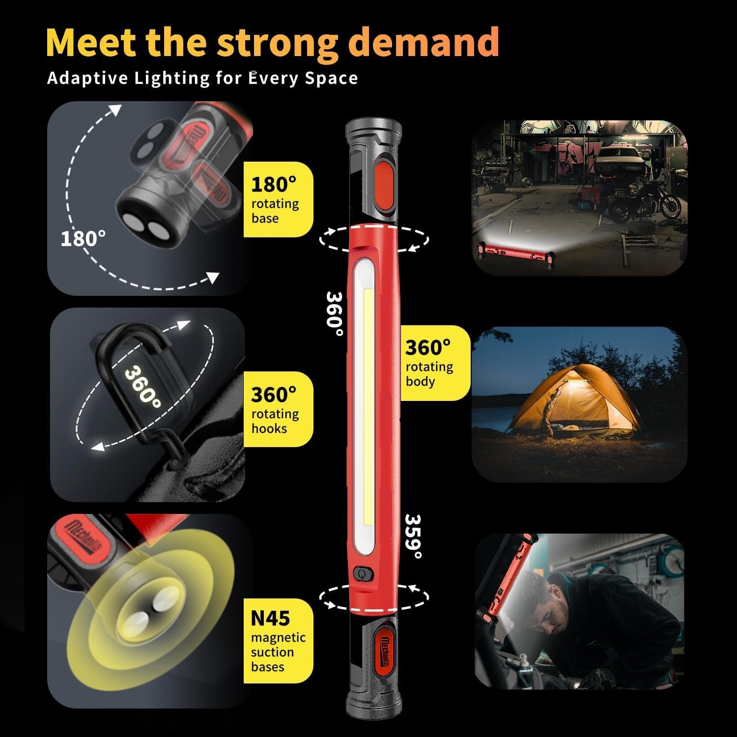 Under Hood Work Light Bar, 3000LM LED Magnetic Light Bar with Hooks